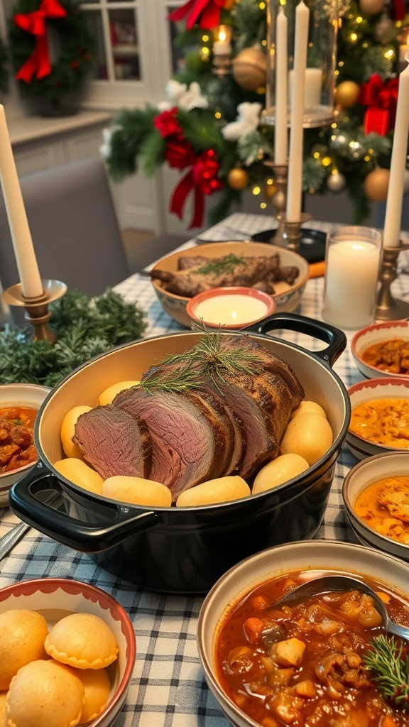 A festive Christmas dinner table with Dutch oven dishes including roast beef, scalloped potatoes, and beef stew.